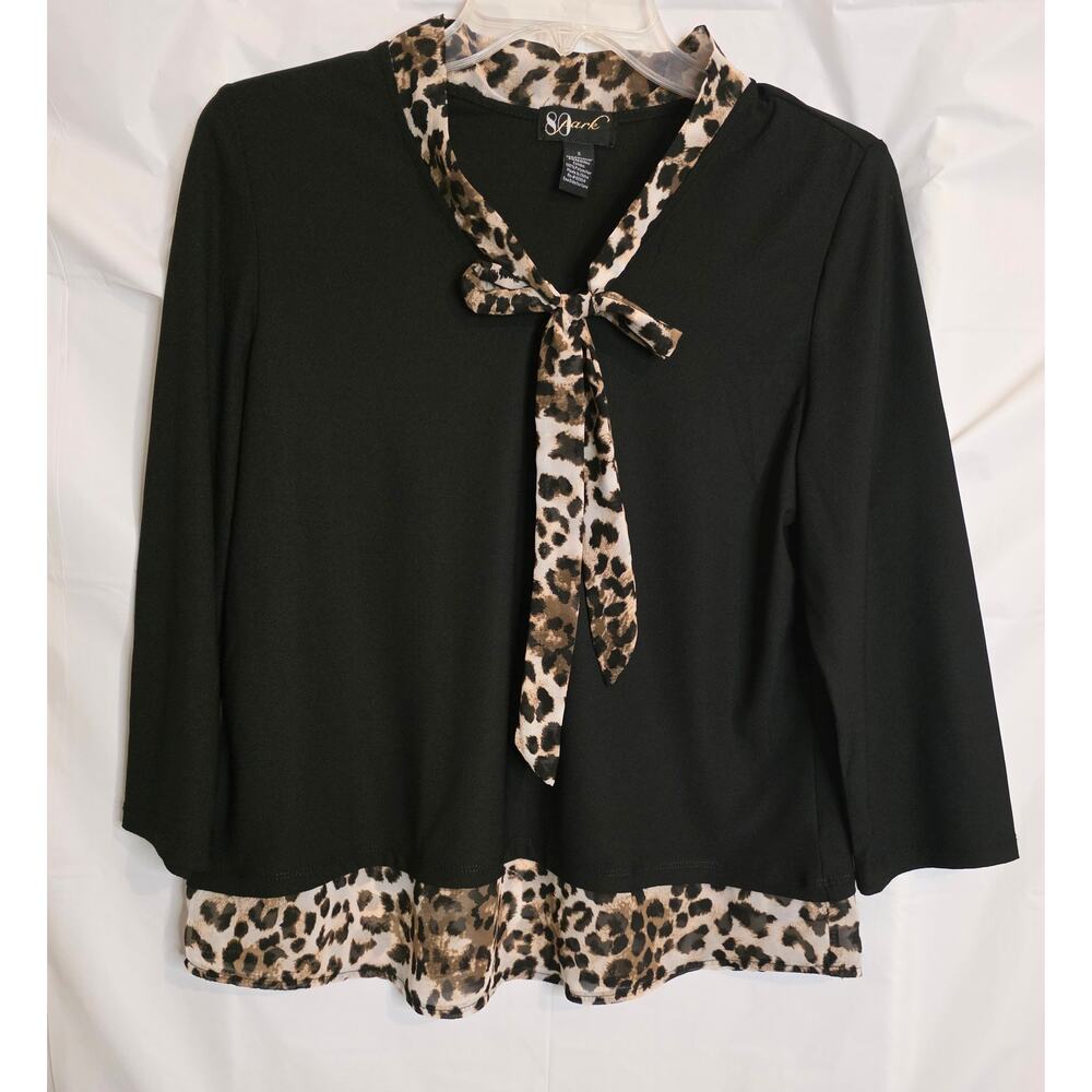 80 Park Blouse Pullover Women's Size S 3/4 Sleeve Black Cheeta Print Bow Tie